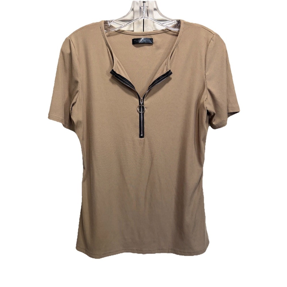THANTH Tan Ribbed Short Sleeve Zipper Front Top Size Medium
